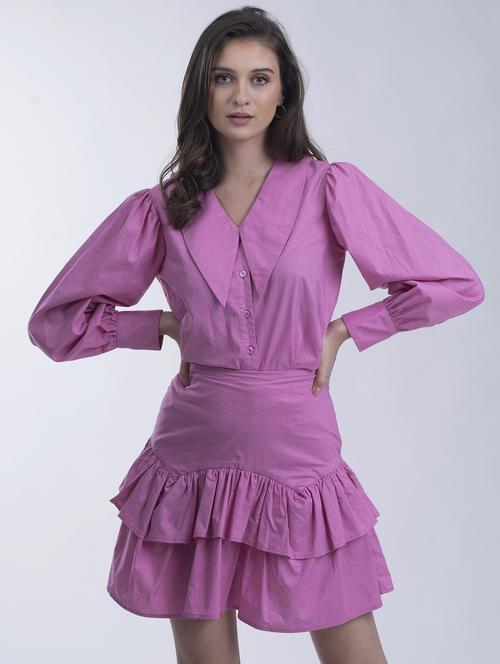 women pink solid puff sleeve layered dress - 21976227 - Standard Image - 0