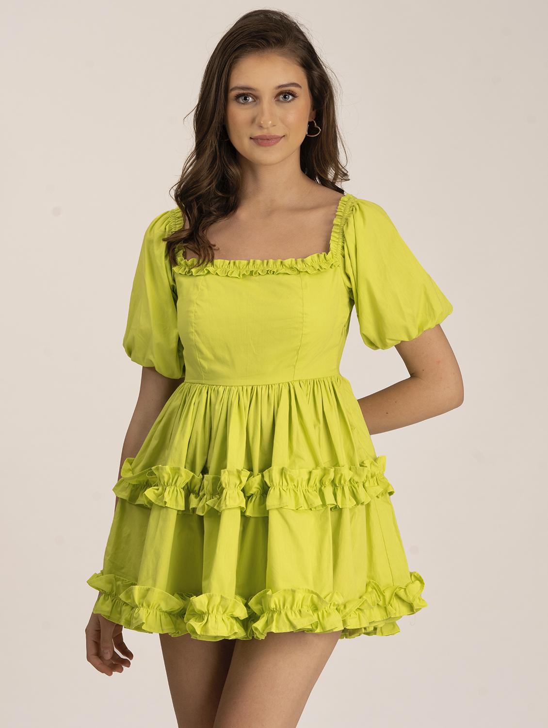 women solid puff sleeve tiered dress - 21976228 - Standard Image - 1