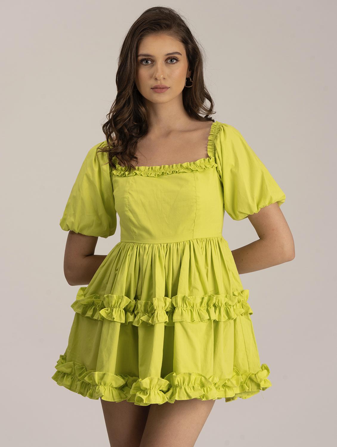 women solid puff sleeve tiered dress - 21976228 - Standard Image - 4
