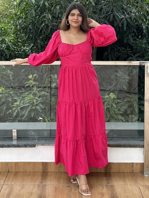 women pink solid puff sleeve tiered dress - 21976230 -  Standard Image - 0
