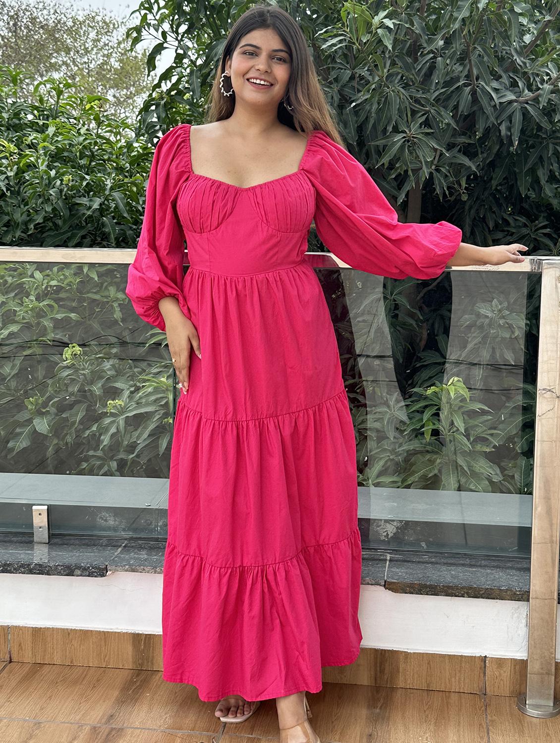 women pink solid puff sleeve tiered dress - 21976230 - Standard Image - 1