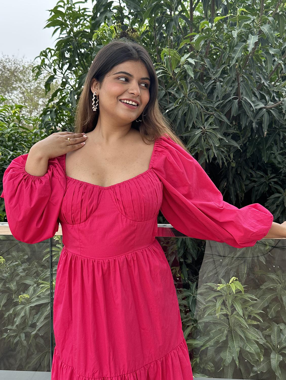 women pink solid puff sleeve tiered dress - 21976230 - Standard Image - 4
