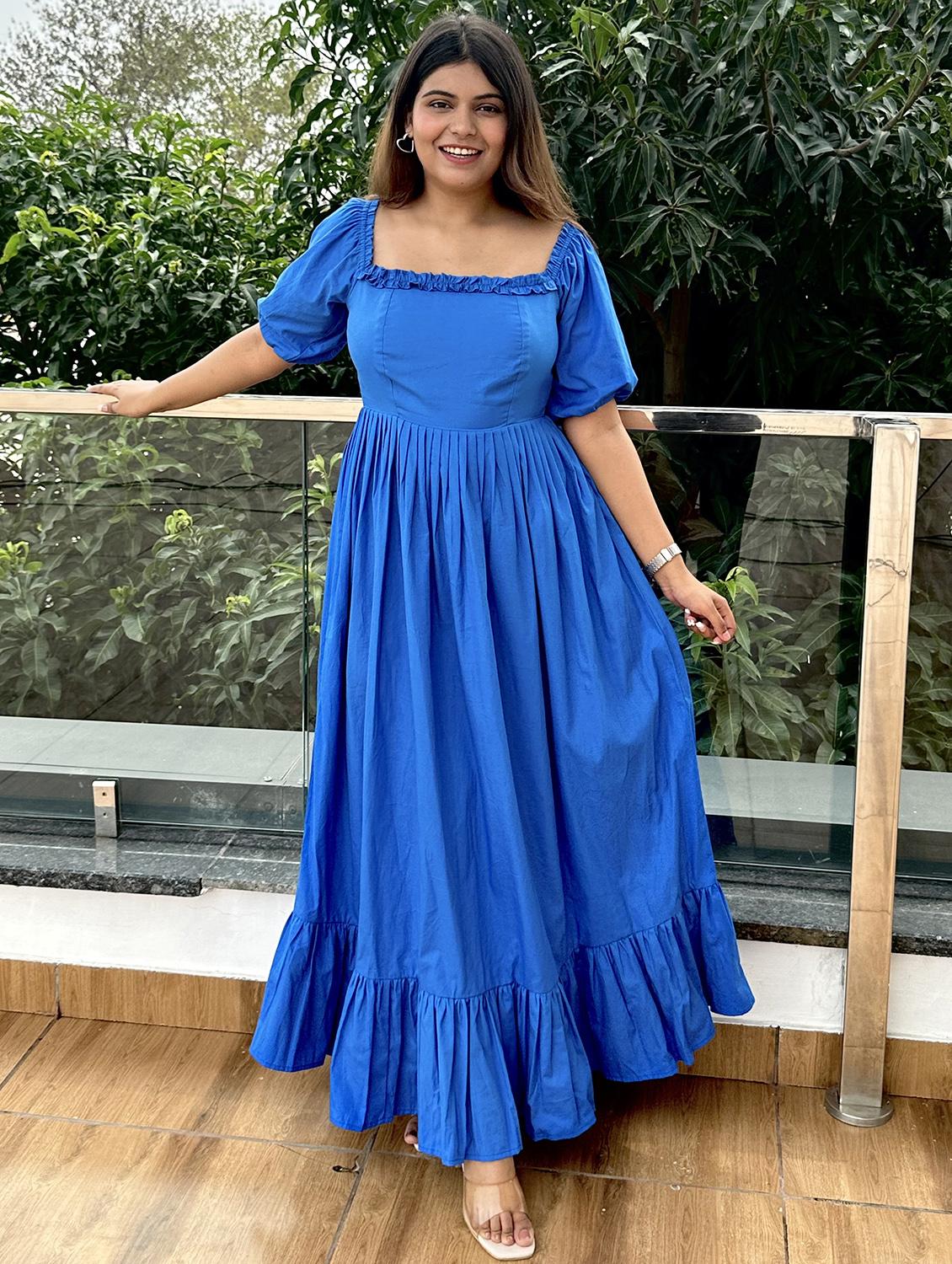 women blue solid puff sleeve tiered dress - 21976231 -  Zoom Image - 0