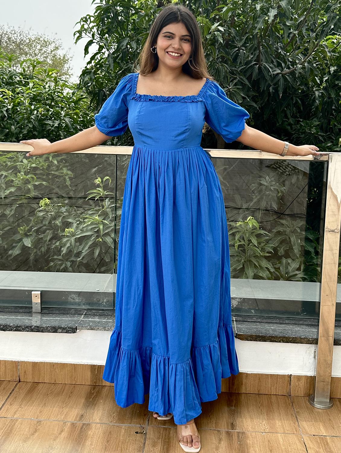 women blue solid puff sleeve tiered dress - 21976231 -  Standard Image - 1