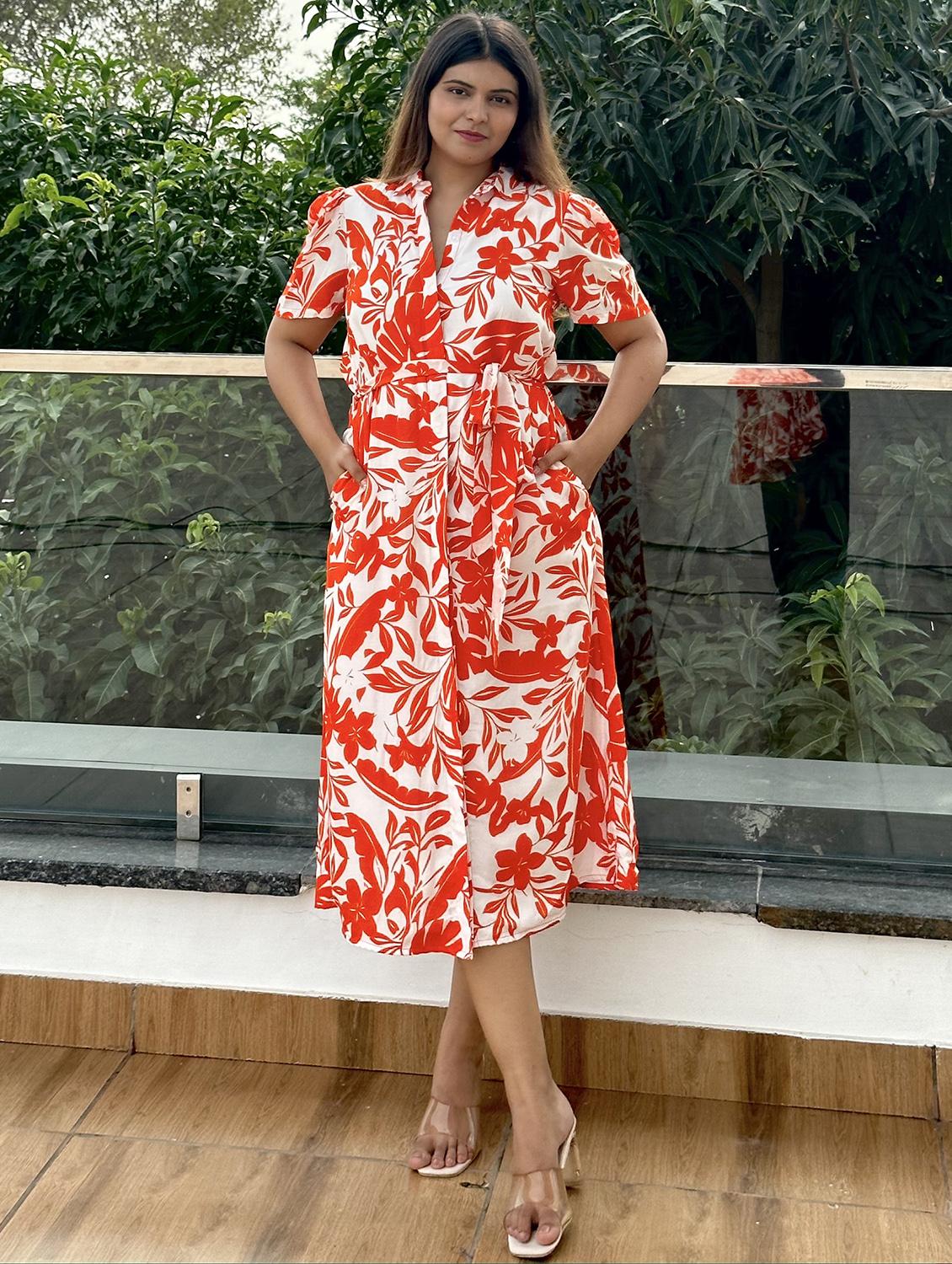 women printed puff sleeve collared shirt dress - 21976233 - Zoom Image - 0