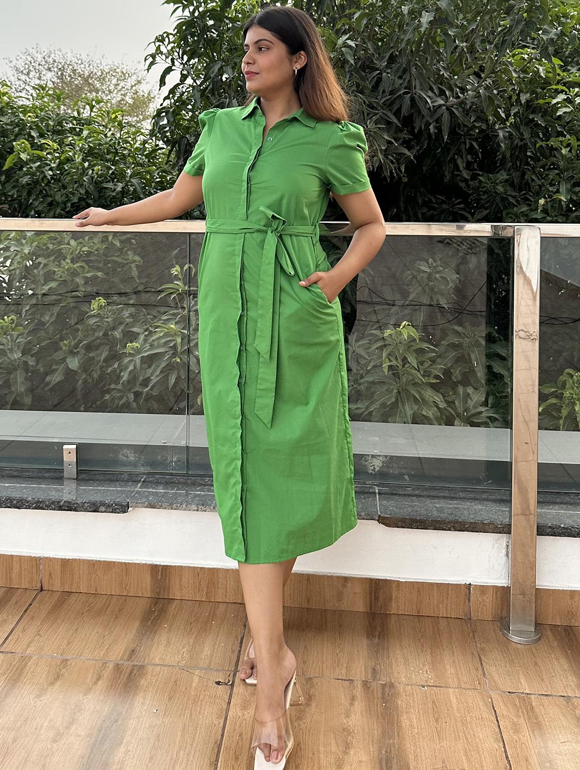 women solid puff sleeve collared shirt dress - 21976235 -  Standard Image - 1