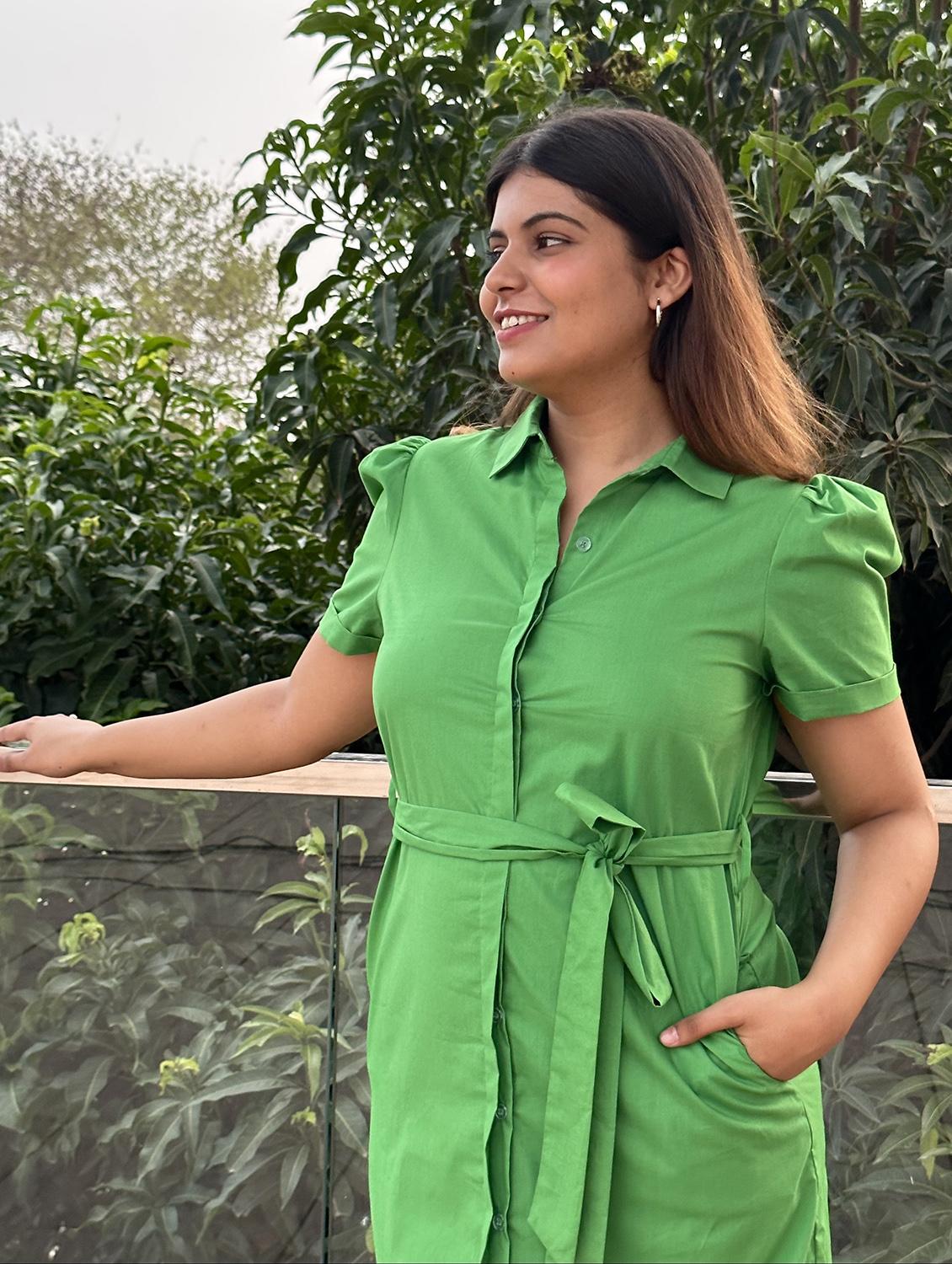 women solid puff sleeve collared shirt dress - 21976235 - Standard Image - 4