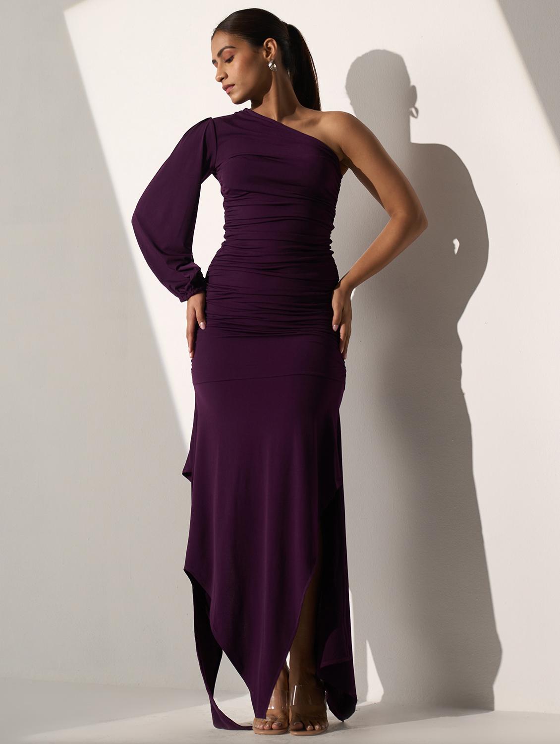 women solid single shoulder asymmetric dress - 21976236 -  Standard Image - 1
