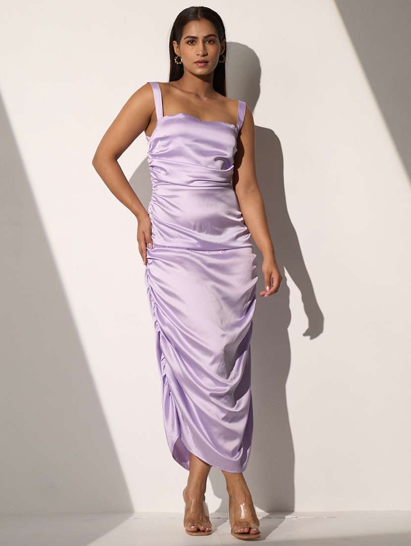 women solid shoulder strap ruched maxi dress