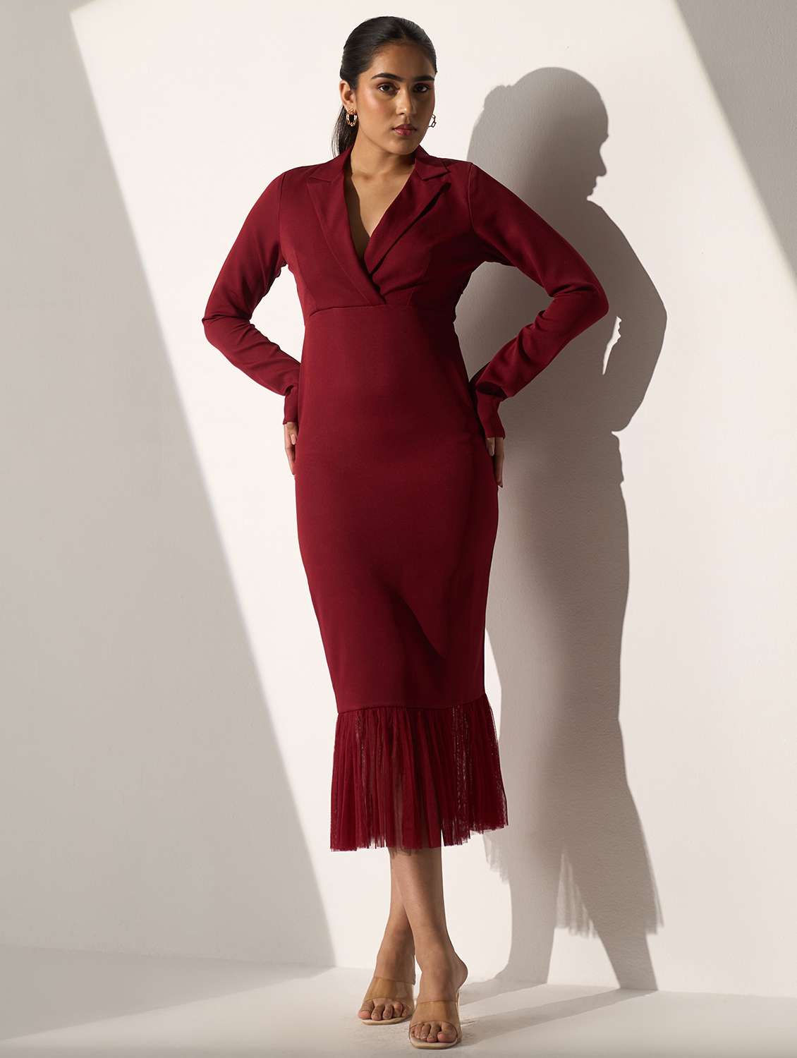 women maroon solid long sleeve tiered dress - 21976239 -  Standard Image - 1