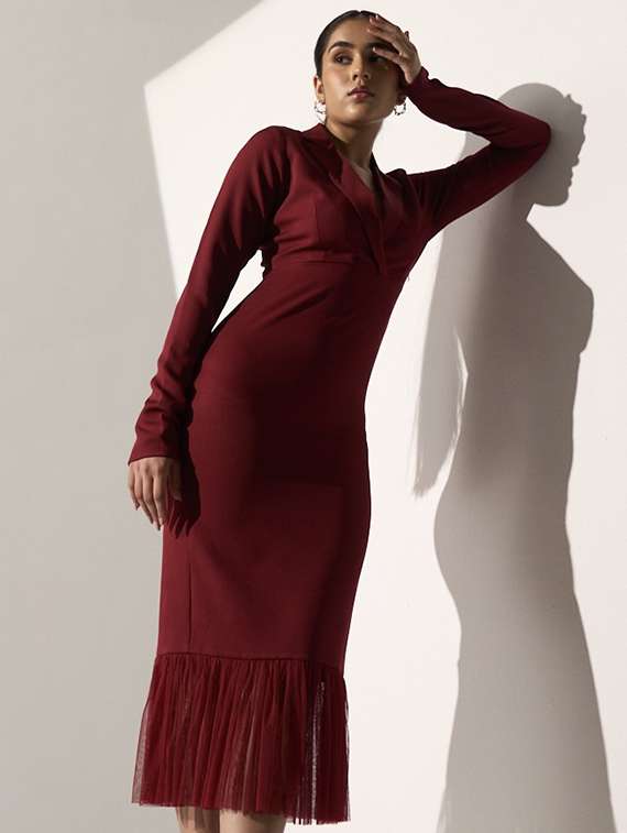 women maroon solid long sleeve tiered dress - 21976239 - Standard Image - 4