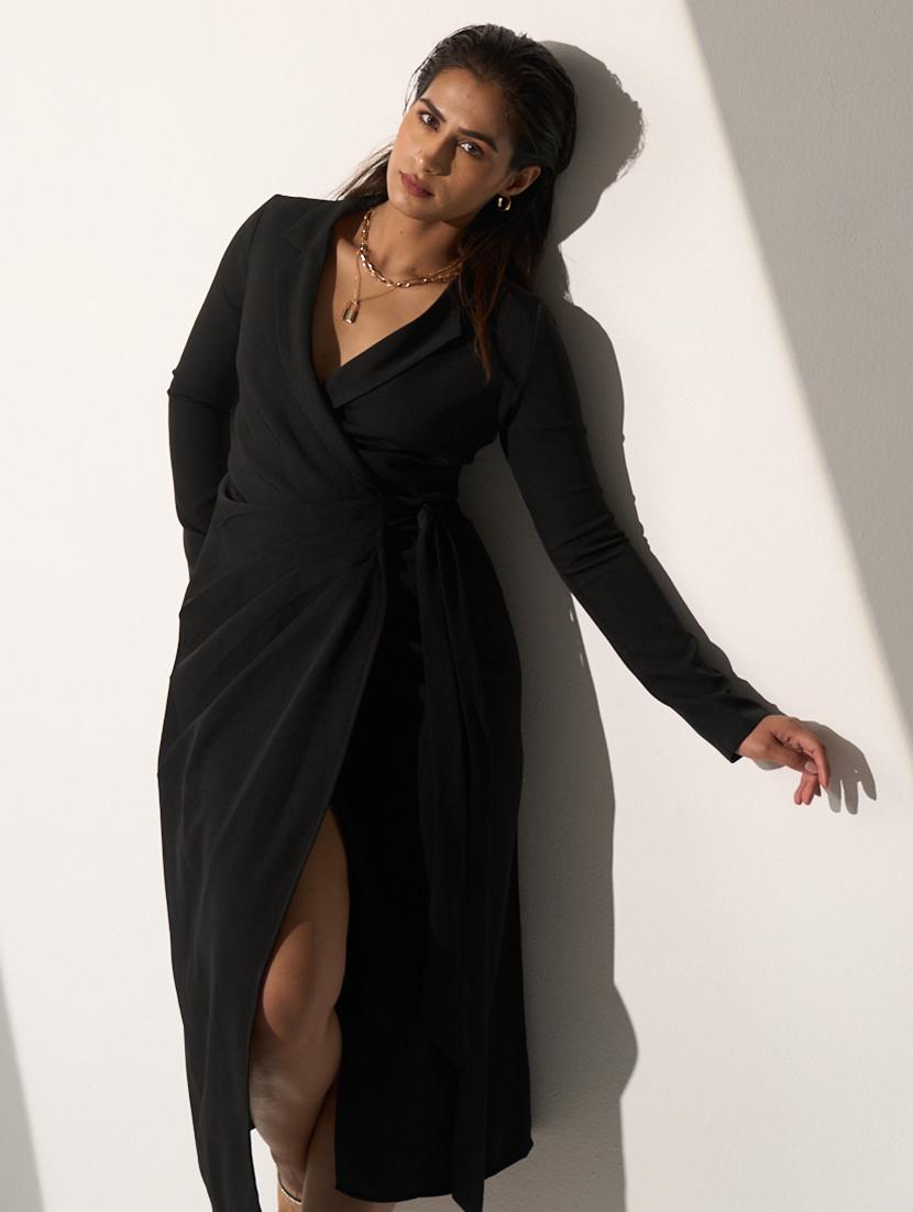 women black solid long sleeve wrap dress - 21976241 -  Standard Image - 1