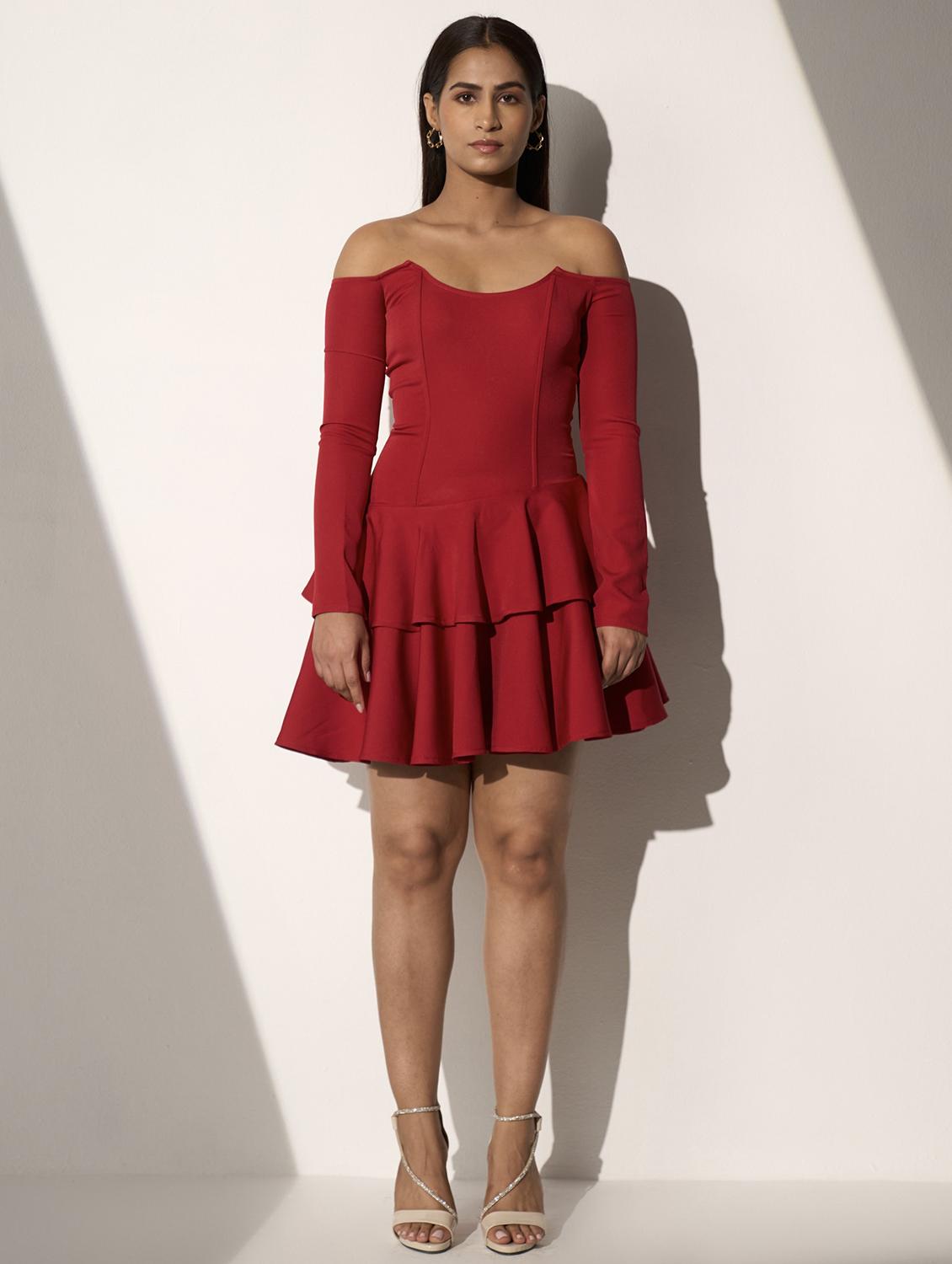 women red off shoulder long sleeve layered dress - 21976242 -  Standard Image - 1
