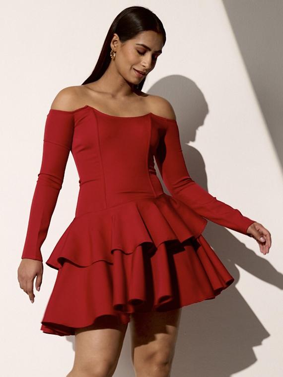 women red off shoulder long sleeve layered dress - 21976242 - Standard Image - 4