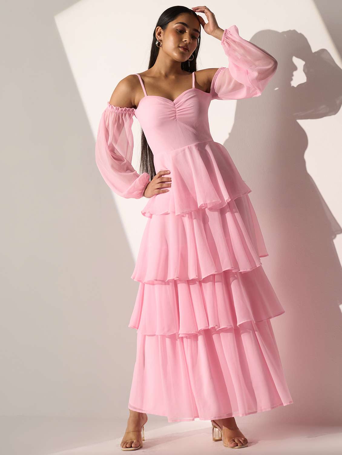 women solid off shoulder layered maxi dress