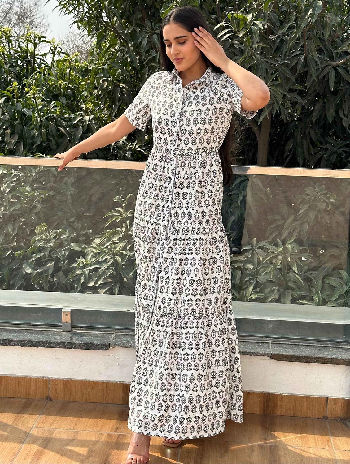 women printed short sleeve tiered maxi dress - 21976255 -  Standard Image - 1