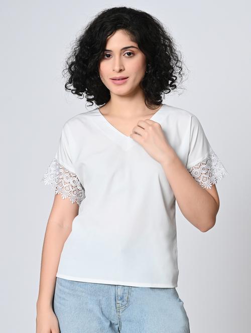 women solid short sleeve lace detailed regular top - 21976316 -  Standard Image - 0