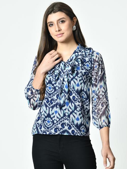 women printed puff sleeve tie-up neck top - 21976321 - Standard Image - 0