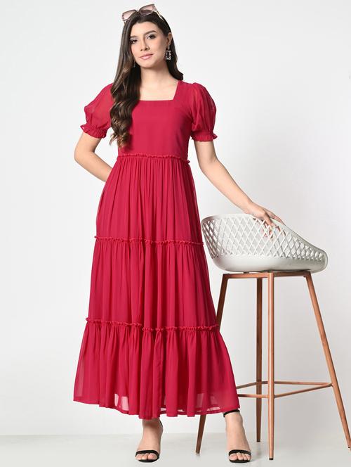 women solid puff sleeve tiered maxi dress - 21976371 -  Standard Image - 0