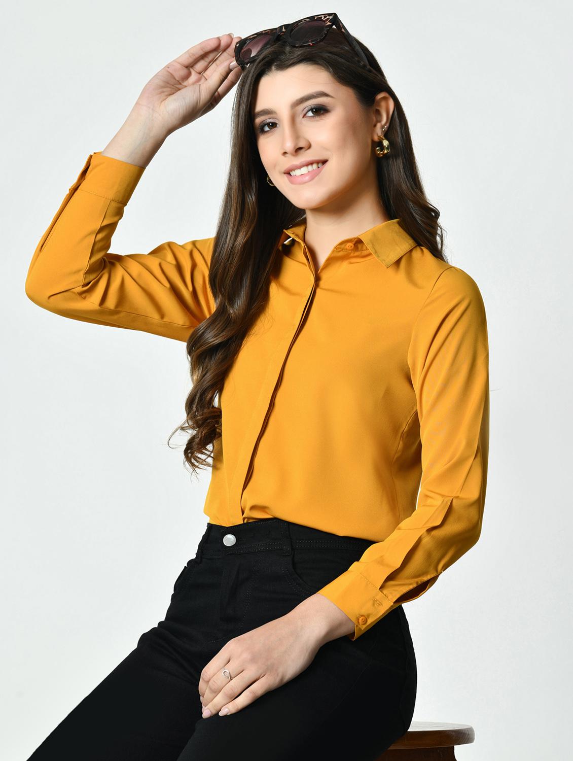 women yellow solid collared long sleeve shirt - 21976373 - Zoom Image - 0