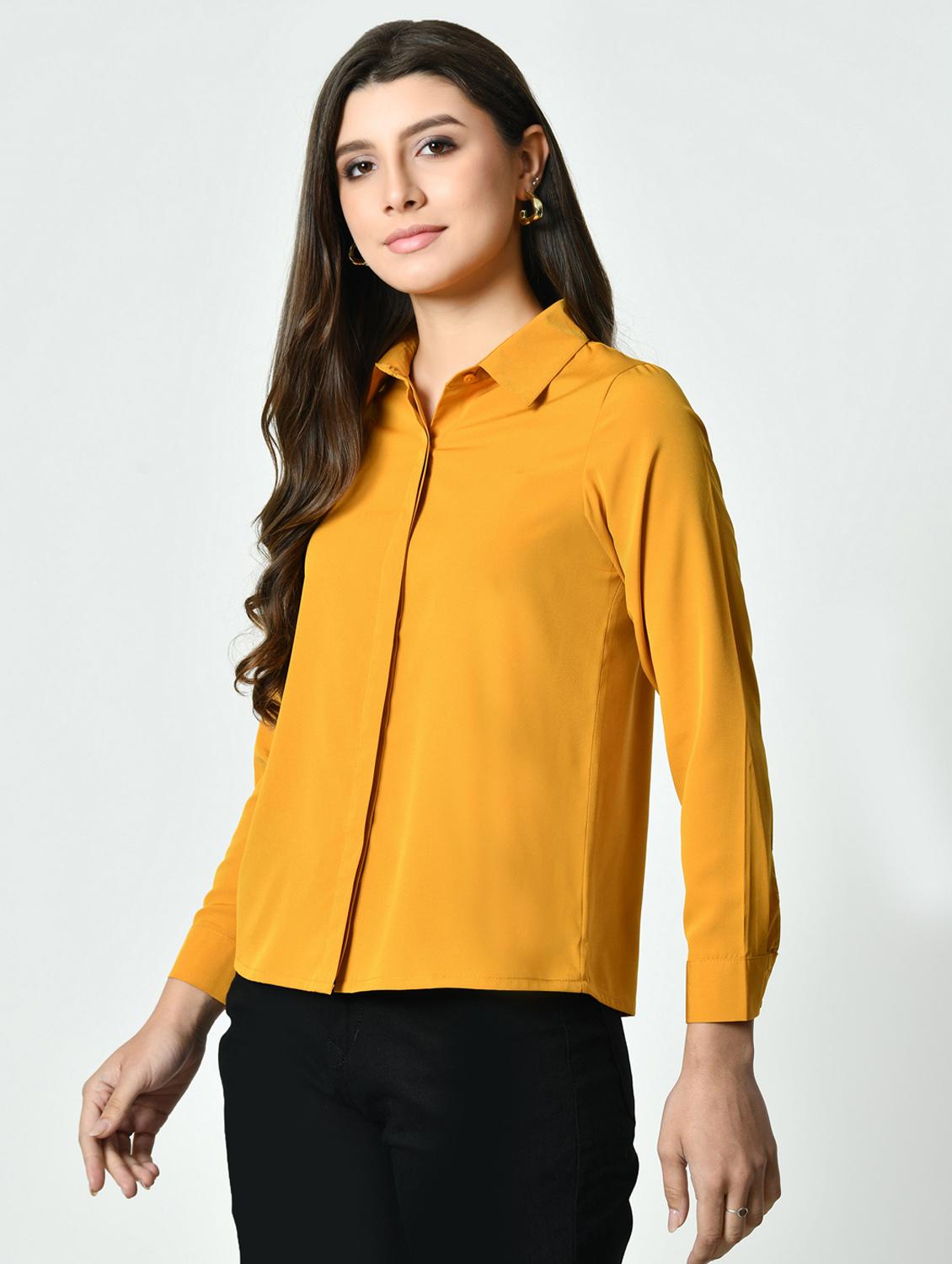 women yellow solid collared long sleeve shirt - 21976373 - Standard Image - 1