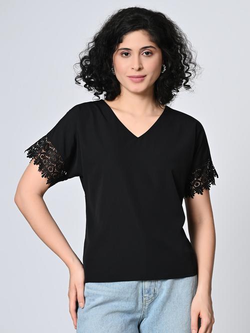 women black solid laec detailed regular top - 21976377 -  Standard Image - 0