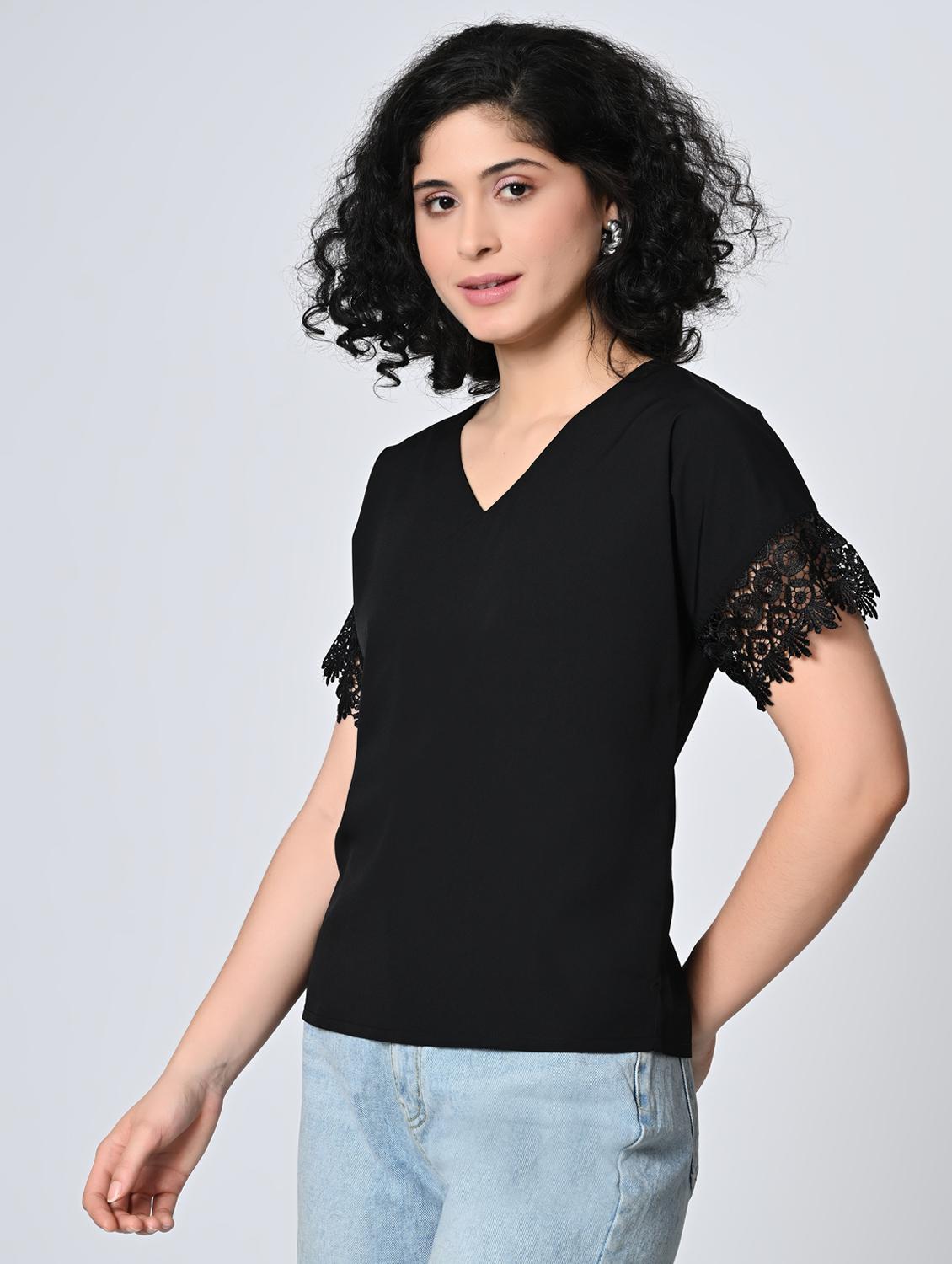 women black solid laec detailed regular top - 21976377 -  Standard Image - 1