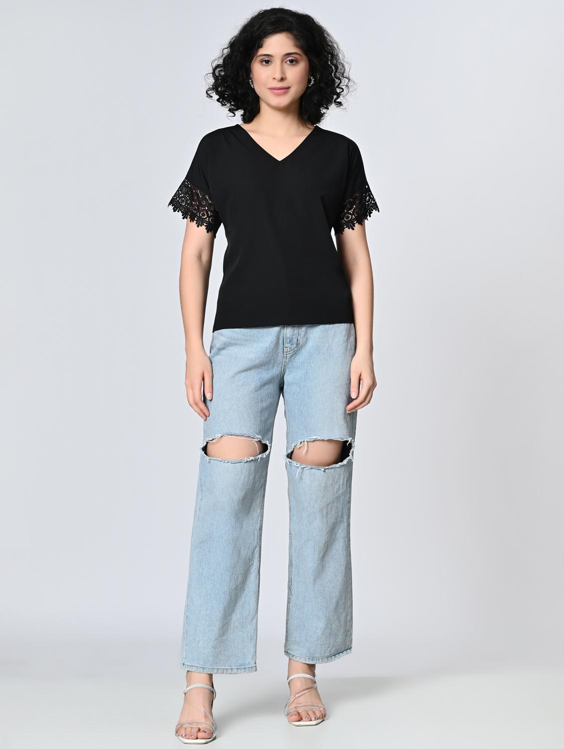 women black solid laec detailed regular top - 21976377 - Standard Image - 4
