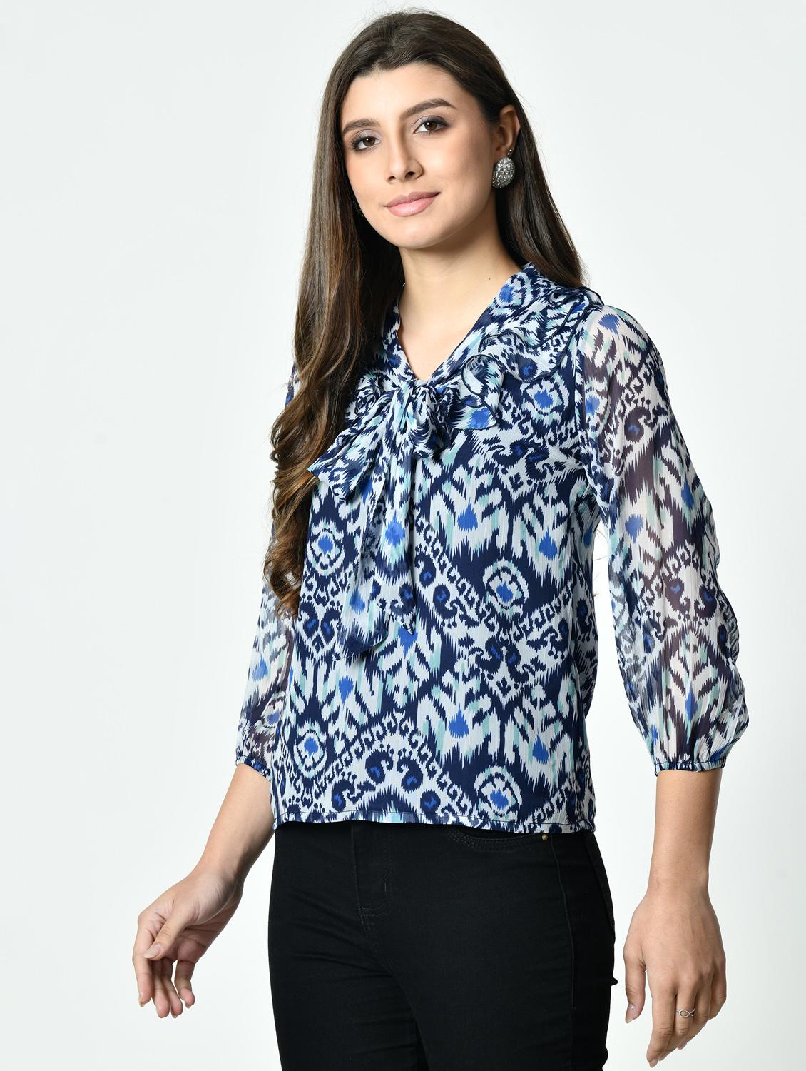 women blue printed tie up neck regular top - 21976383 - Standard Image - 1