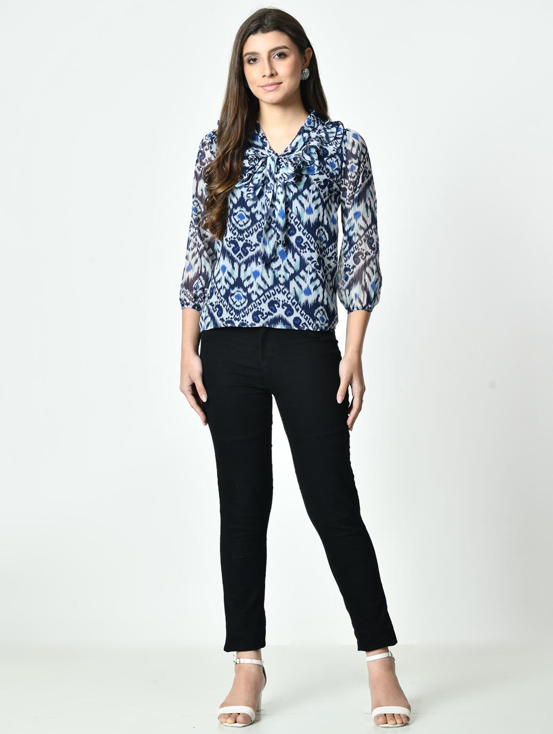 women blue printed tie up neck regular top - 21976383 - Standard Image - 4