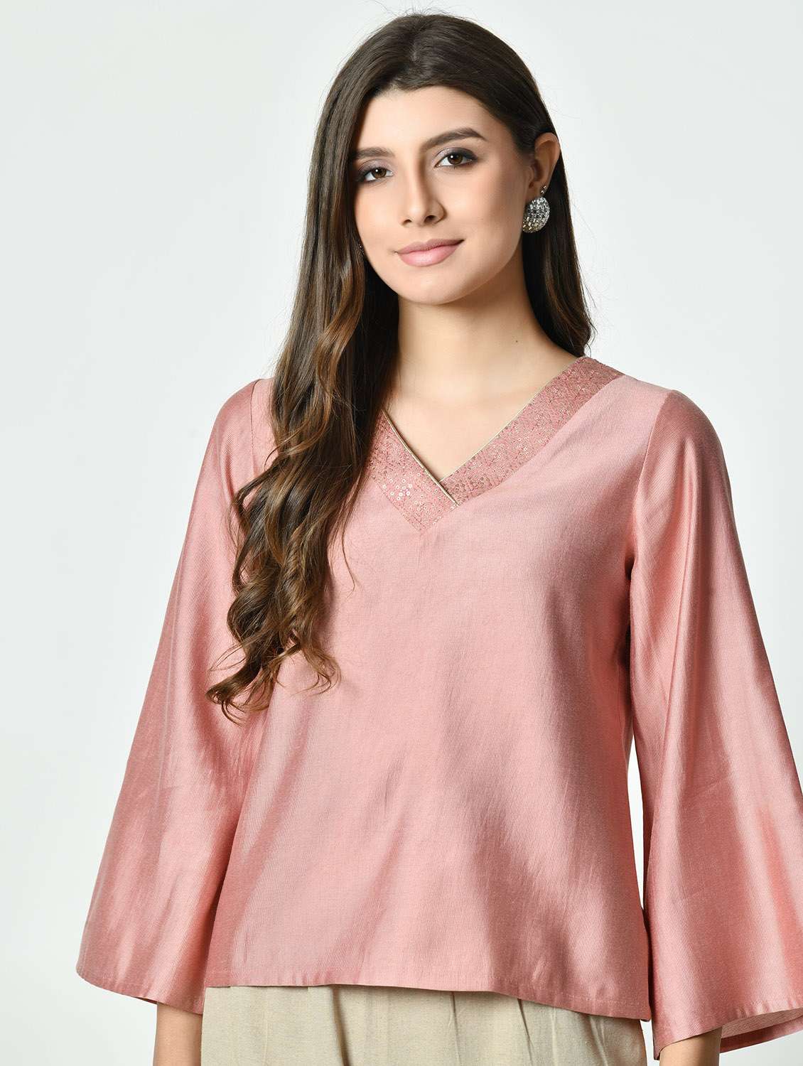 women pink solid bell sleeve regular top
