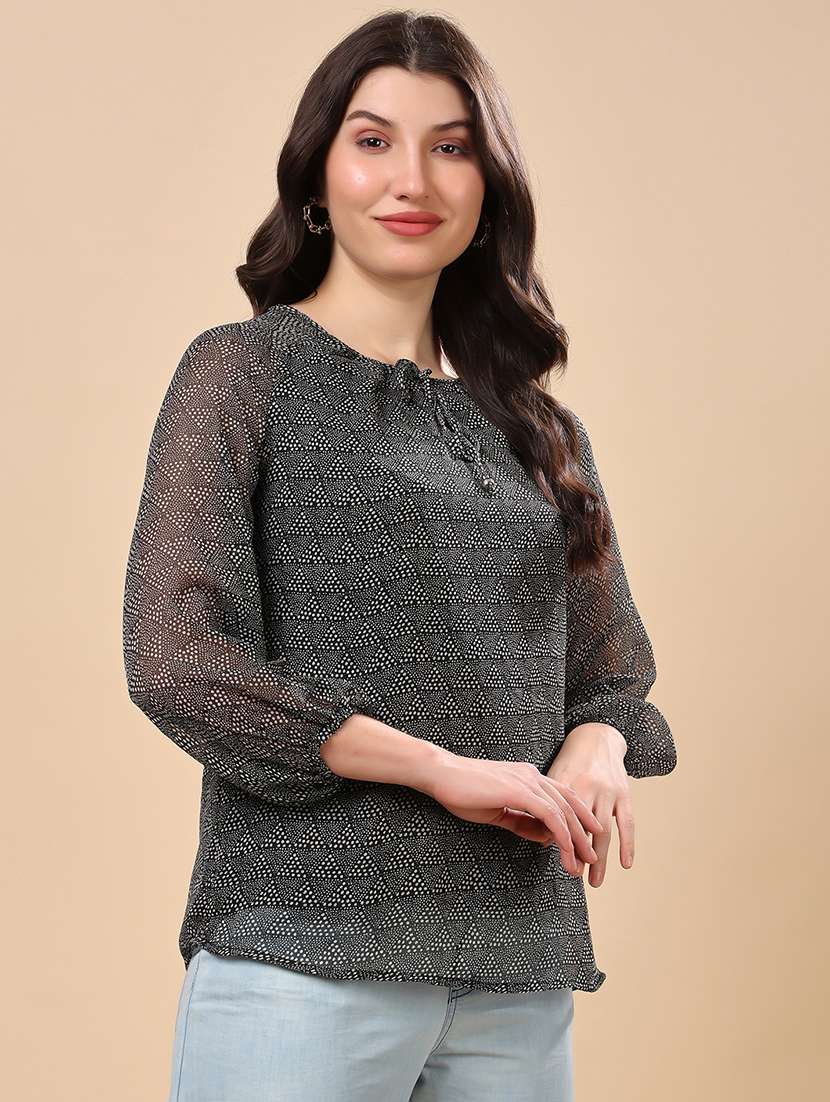 women black printed tie-up neck regular top - 21976599 - Standard Image - 1