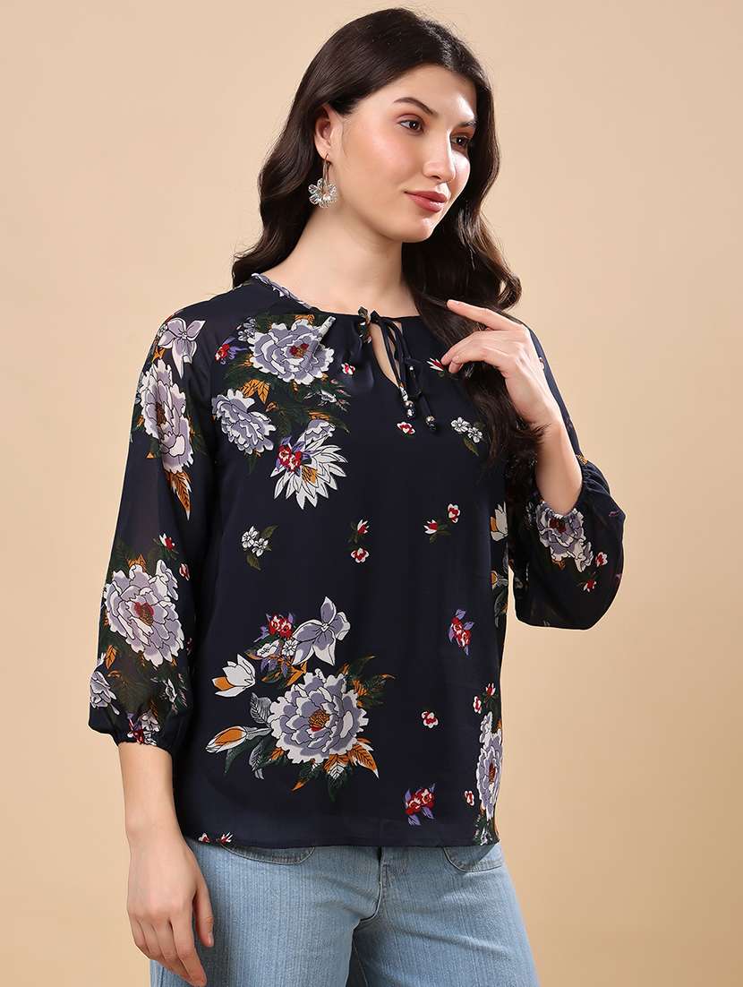 women floral print tie-up neck regular top - 21976609 -  Standard Image - 1