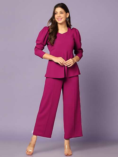 women solid long sleeve top and trouser set co-ord - 21976631 -  Standard Image - 0