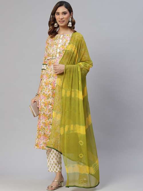 women three quarter sleeve kurta pant with dupatta set - 21976659 -  Standard Image - 0