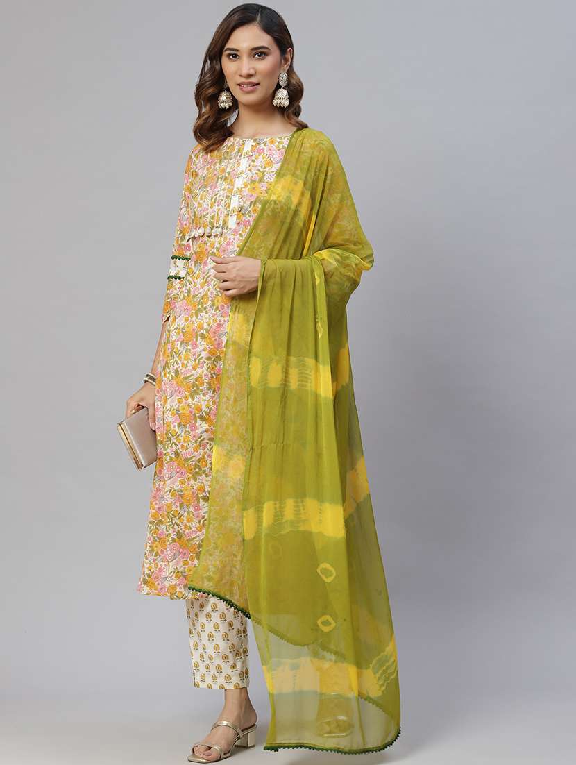 women three quarter sleeve kurta pant with dupatta set