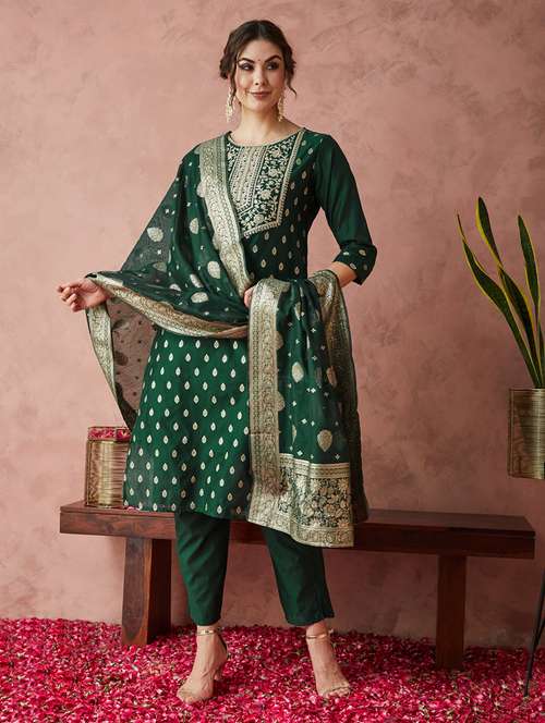women three quarter sleeve kurta pant with dupatta set - 21976670 -  Standard Image - 0