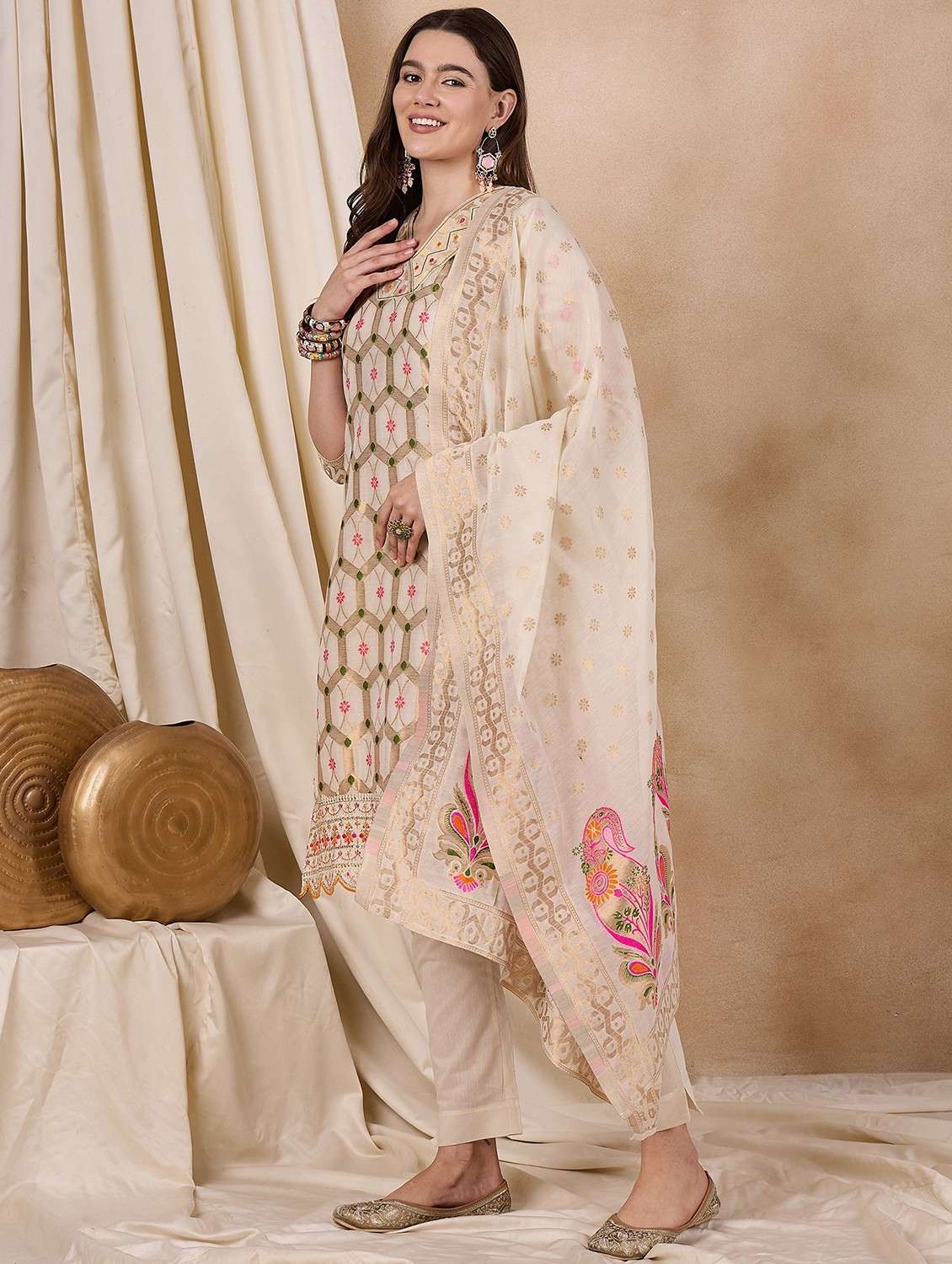 women three quarter sleeve kurta pant with dupatta set - 21976673 -  Standard Image - 1