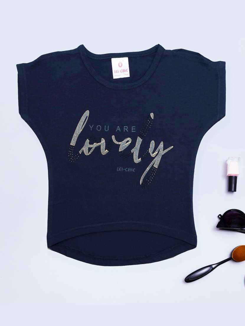 girls navy blue printed short sleeve crop tee - 21976930 -  Standard Image - 1