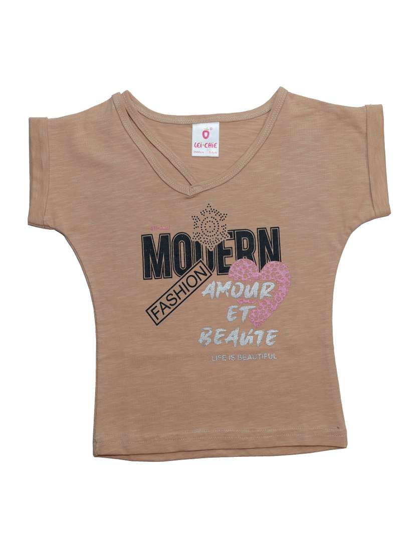 girls beige printed short sleeve tee - 21976934 -  Standard Image - 1