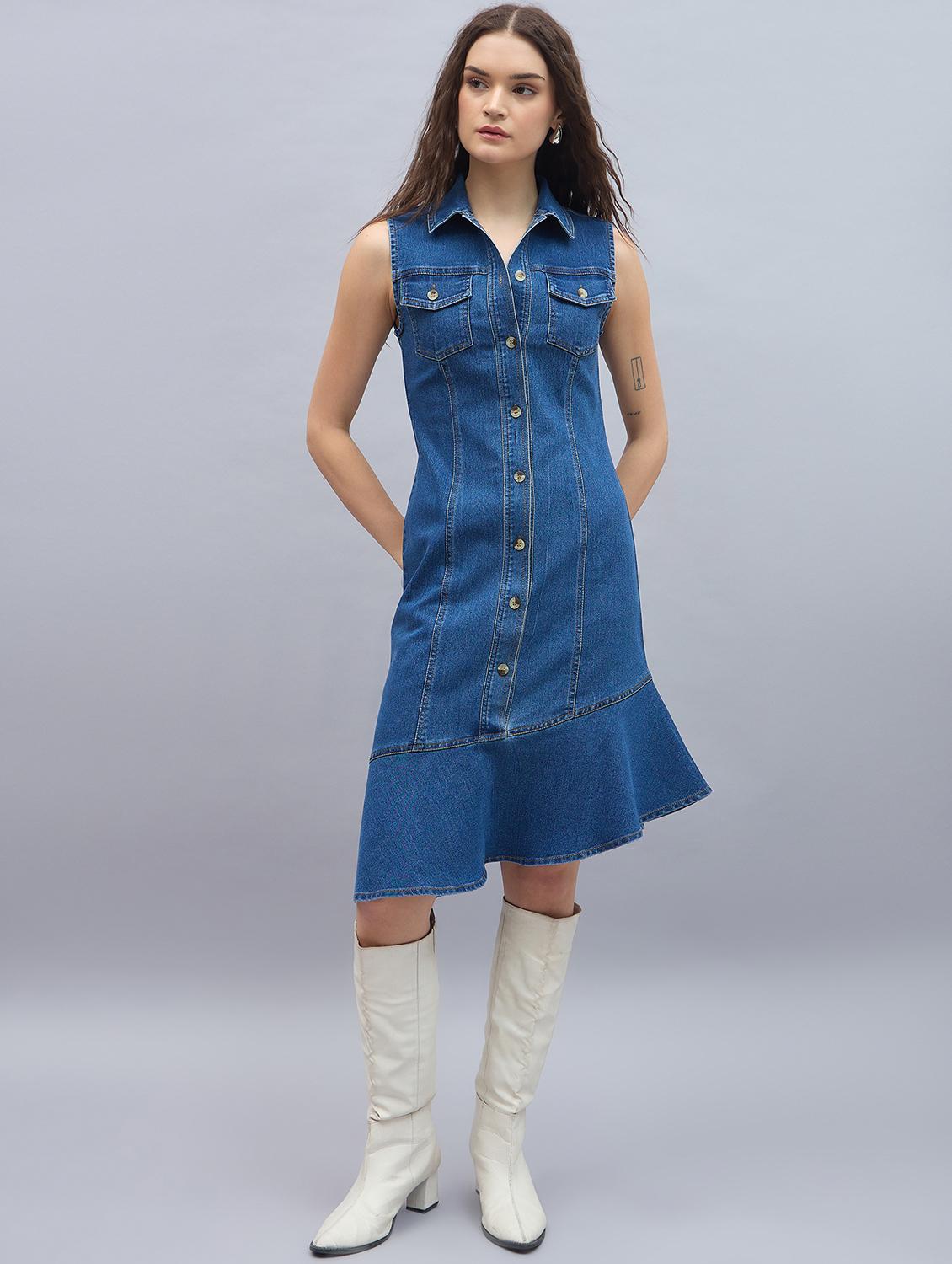 women solid sleeveless denim shirt dress - 21976941 - Zoom Image - 0