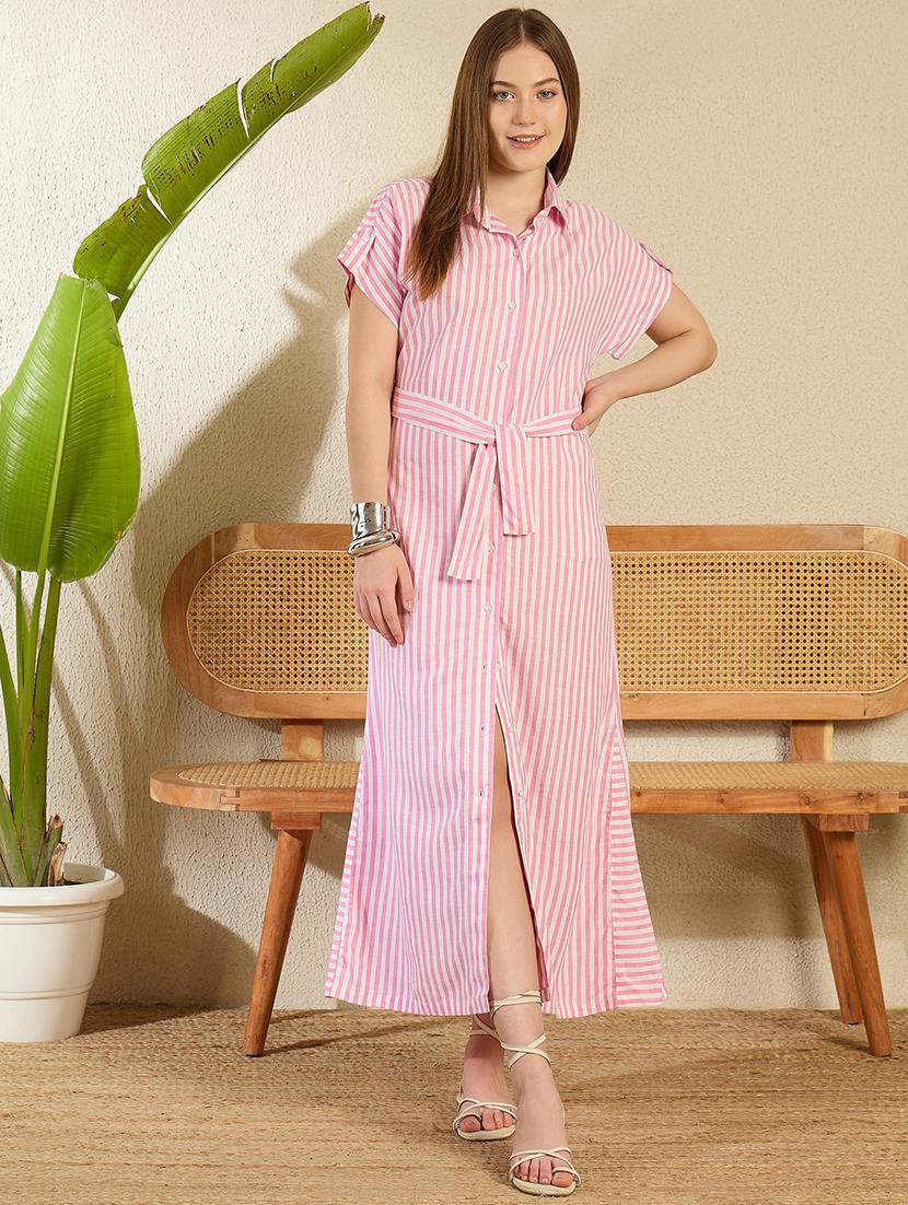 women striped collared short sleeve shirt dress - 21976942 - Standard Image - 1