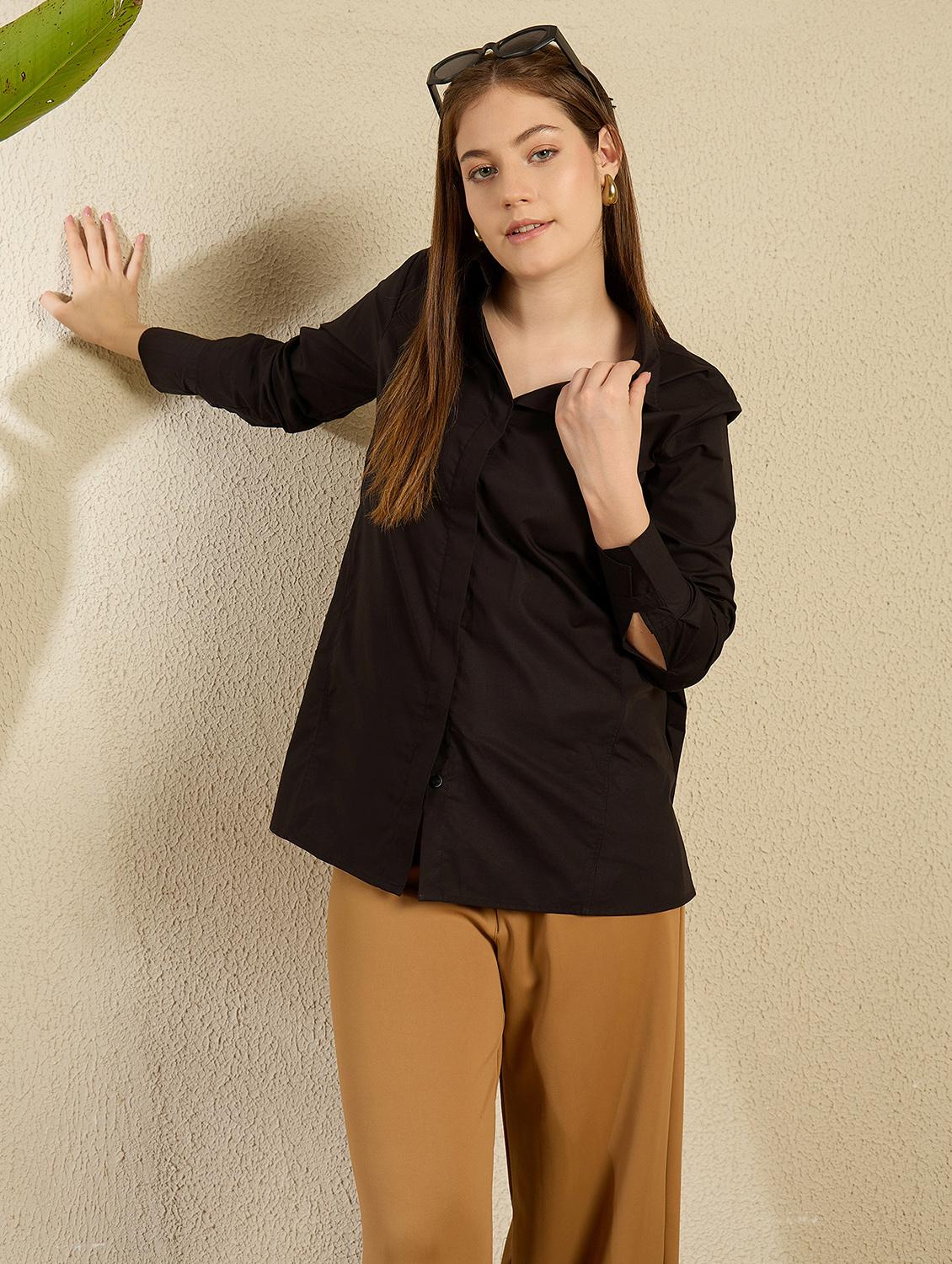 women black solid collared high low oversized shirt - 21976952 - Standard Image - 4