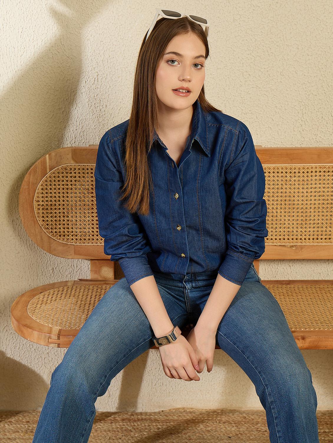 women solid collared long sleeve denim shirt - 21976955 - Standard Image - 4