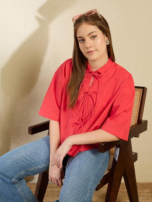 women red solid front tie up top - 21976956 -  Standard Image - 0