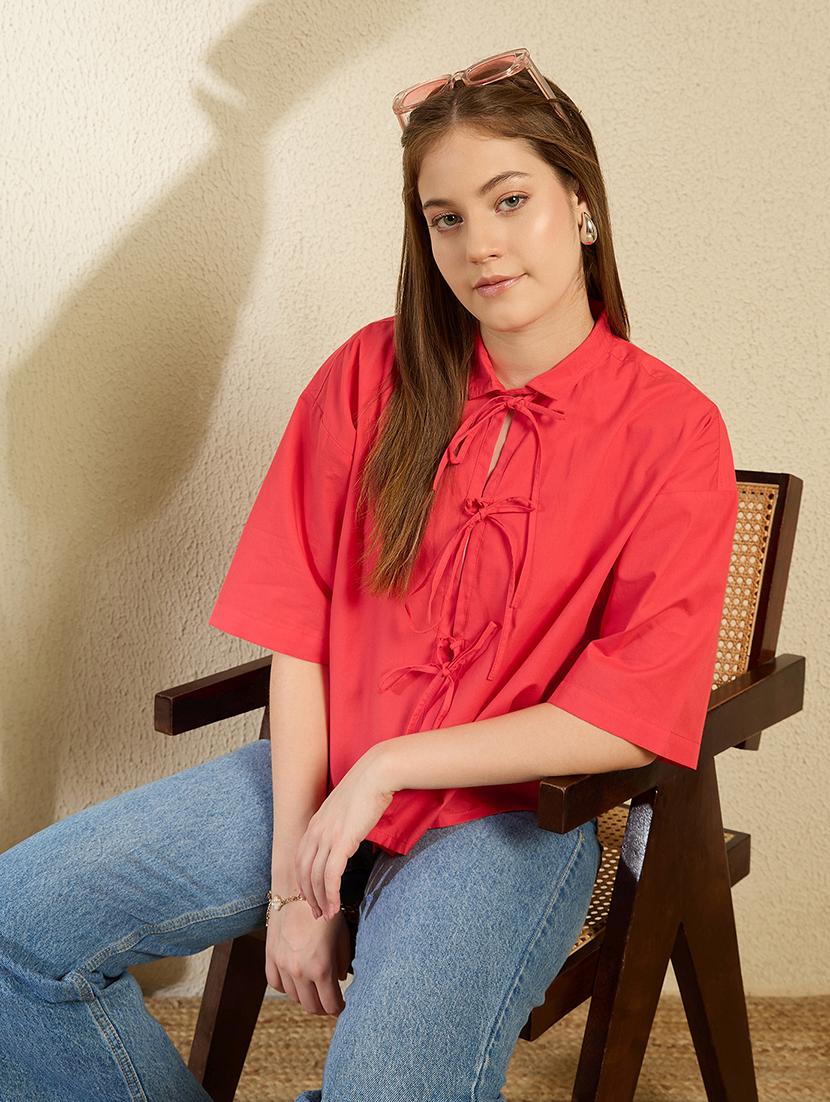women red solid front tie up top - 21976956 -  Zoom Image - 0