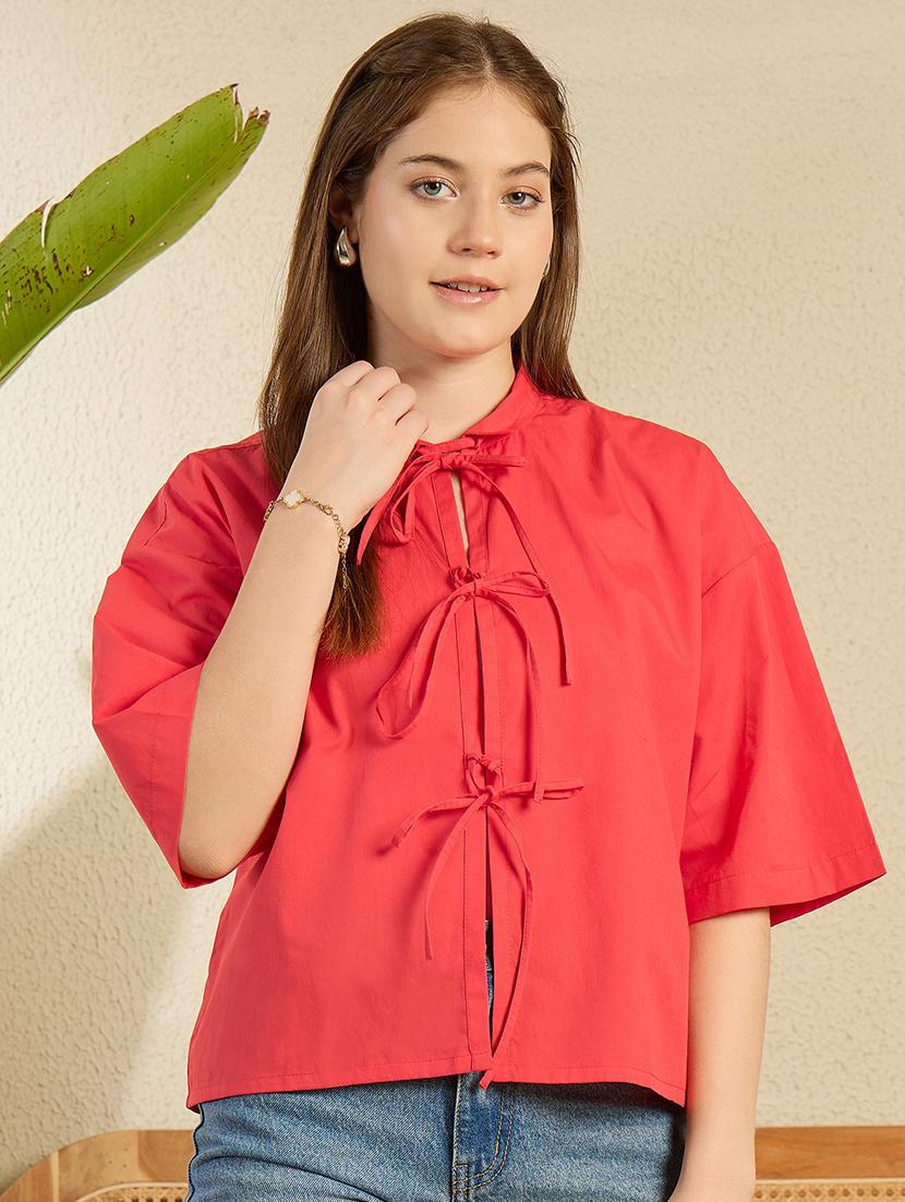 women red solid front tie up top - 21976956 -  Standard Image - 1