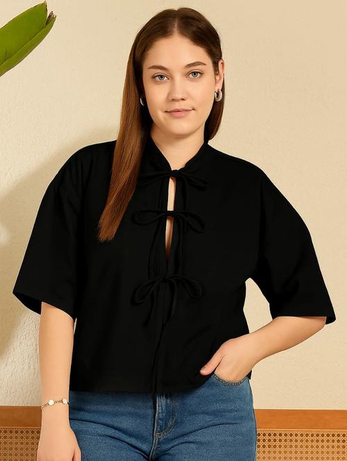 women black solid front tie up neck relaxed fit shirt - 21976958 -  Standard Image - 0