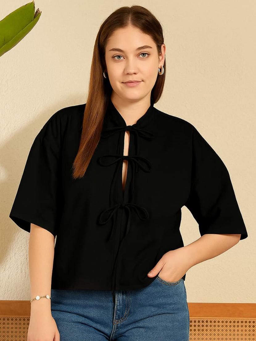 women black solid front tie up neck relaxed fit shirt - 21976958 -  Zoom Image - 0
