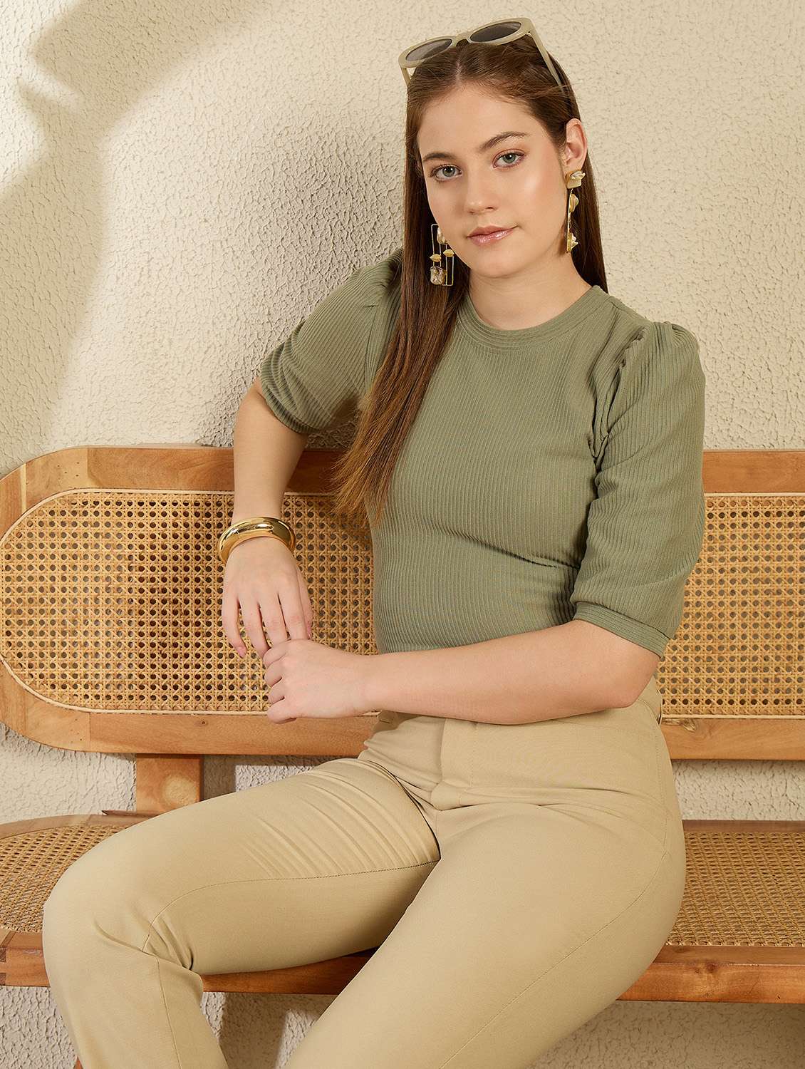 women solid round neck puff sleeve top - 21976959 - Standard Image - 1